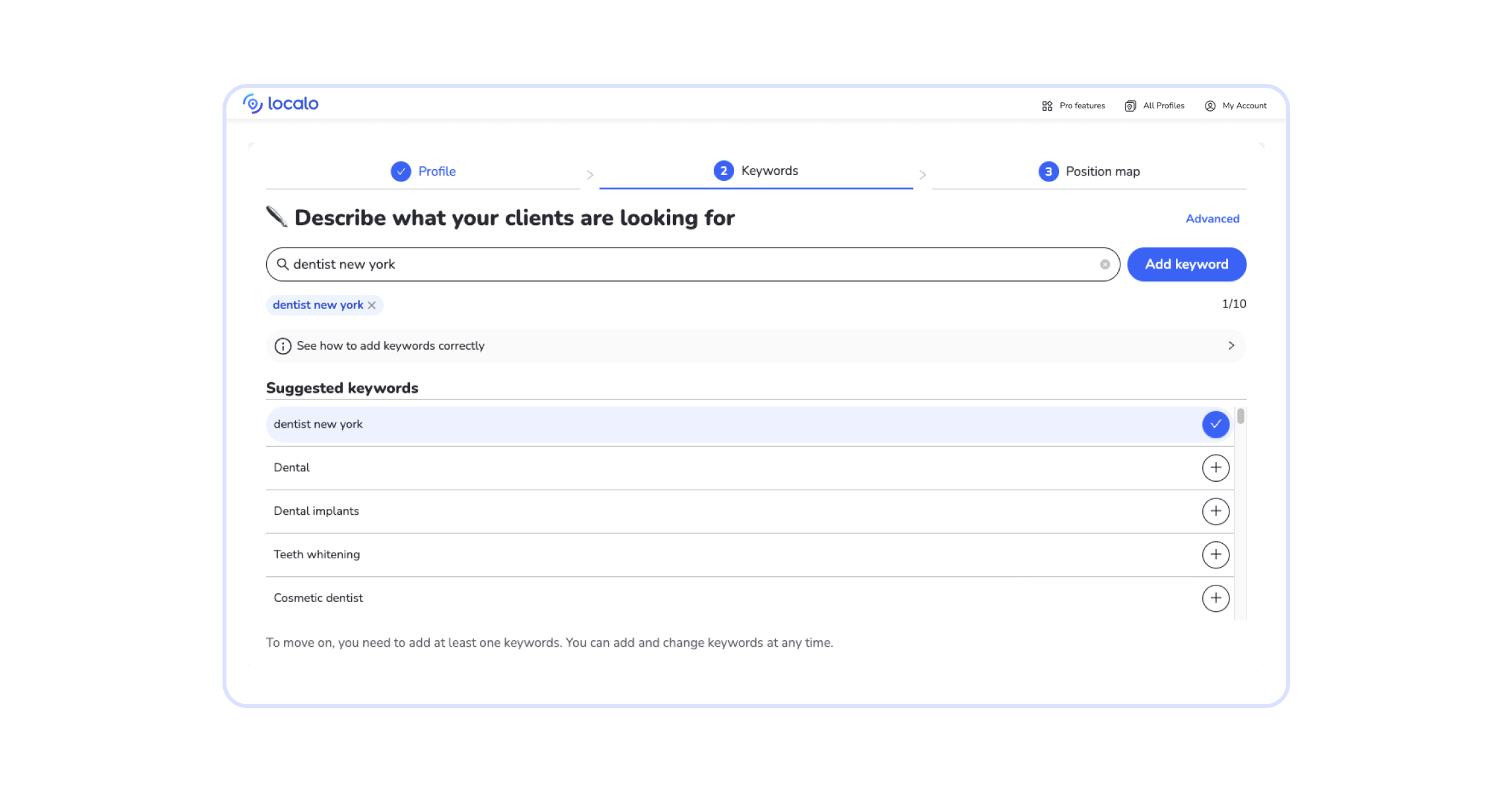 local keywords suggestions in Localo