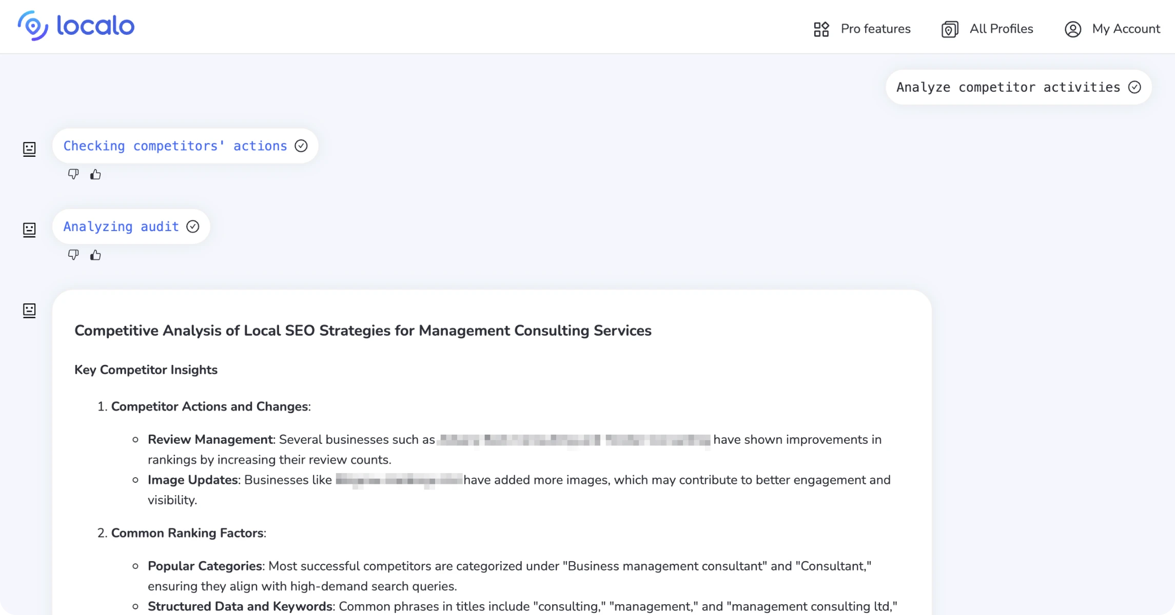 SCREENSHOT of the output after using the Analyze competitor activities prompt