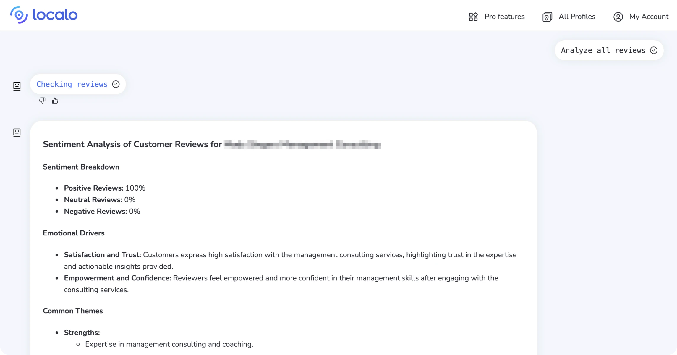SCREENSHOT of the output after using the Analyze all reviews prompt for GBP Z